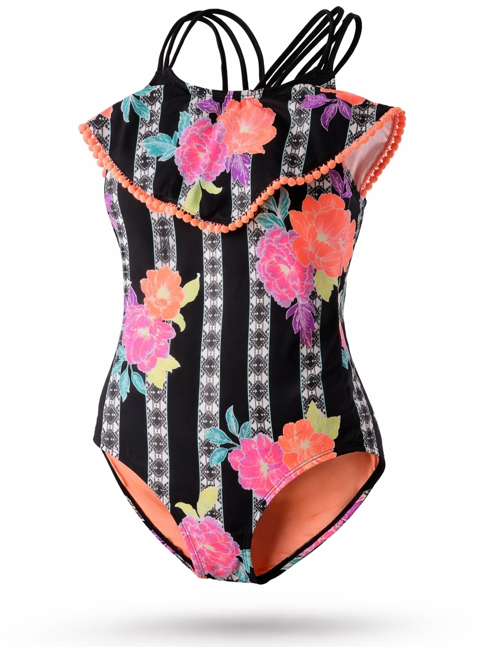 New Girls Black Floral One-Piece Swimsuit with Neon Accents